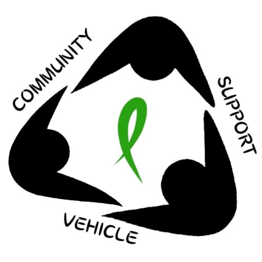 Community Service Vehicle logo, green care ribbon with black figures holding hands in a circle
